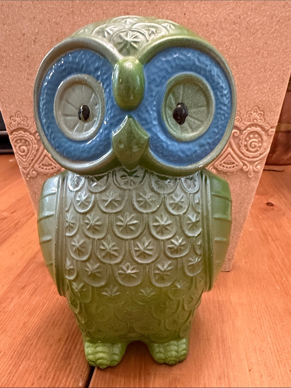Vintage Green and Blue Ceramic Owl Figurine Home Accent by Pacific Imports